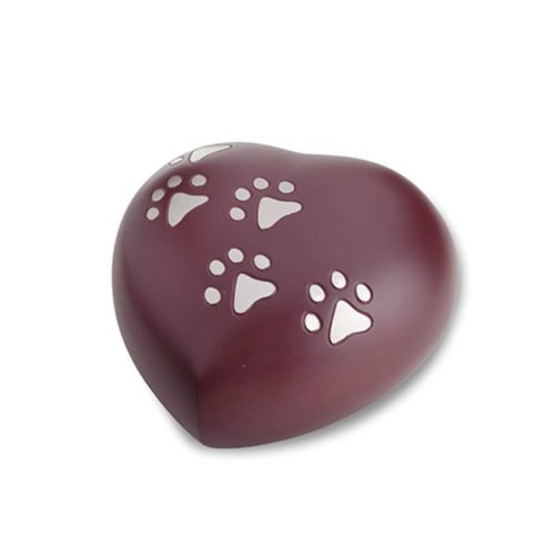 Small Canberry Red Pet Heart Urn with Paw Detail