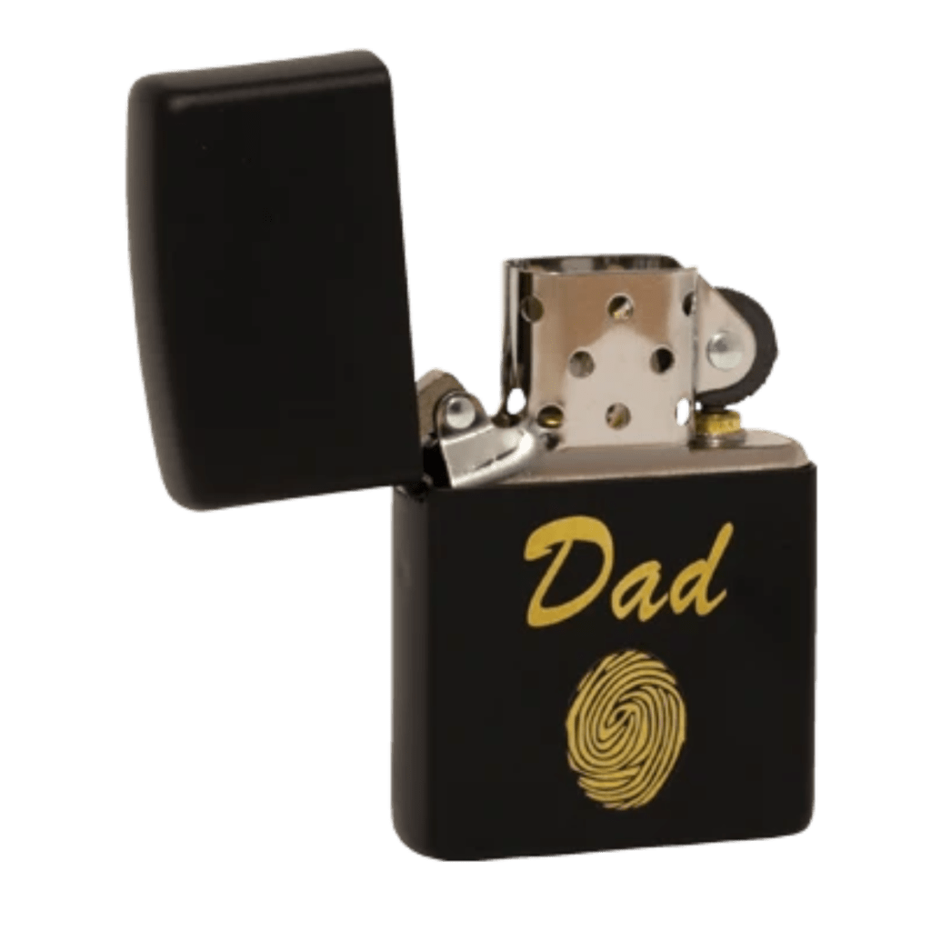 Black lighter with enscribed text and fingerprint engraving